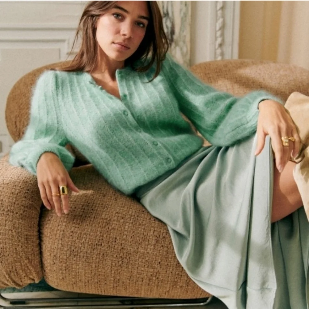 LA MAILLE SÉZANE Amance Fancy Knit Mohair Sea Green Mint Cardigan Large - Picture 2 of 13